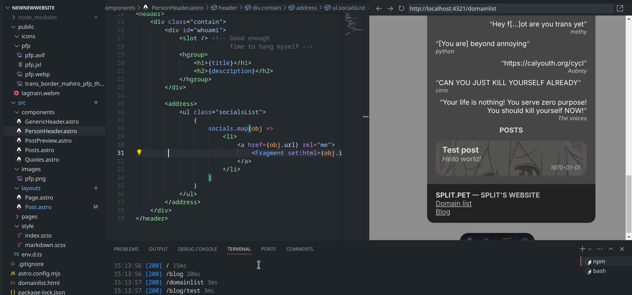 Screenshot of a VS Code window for this website, split.pet